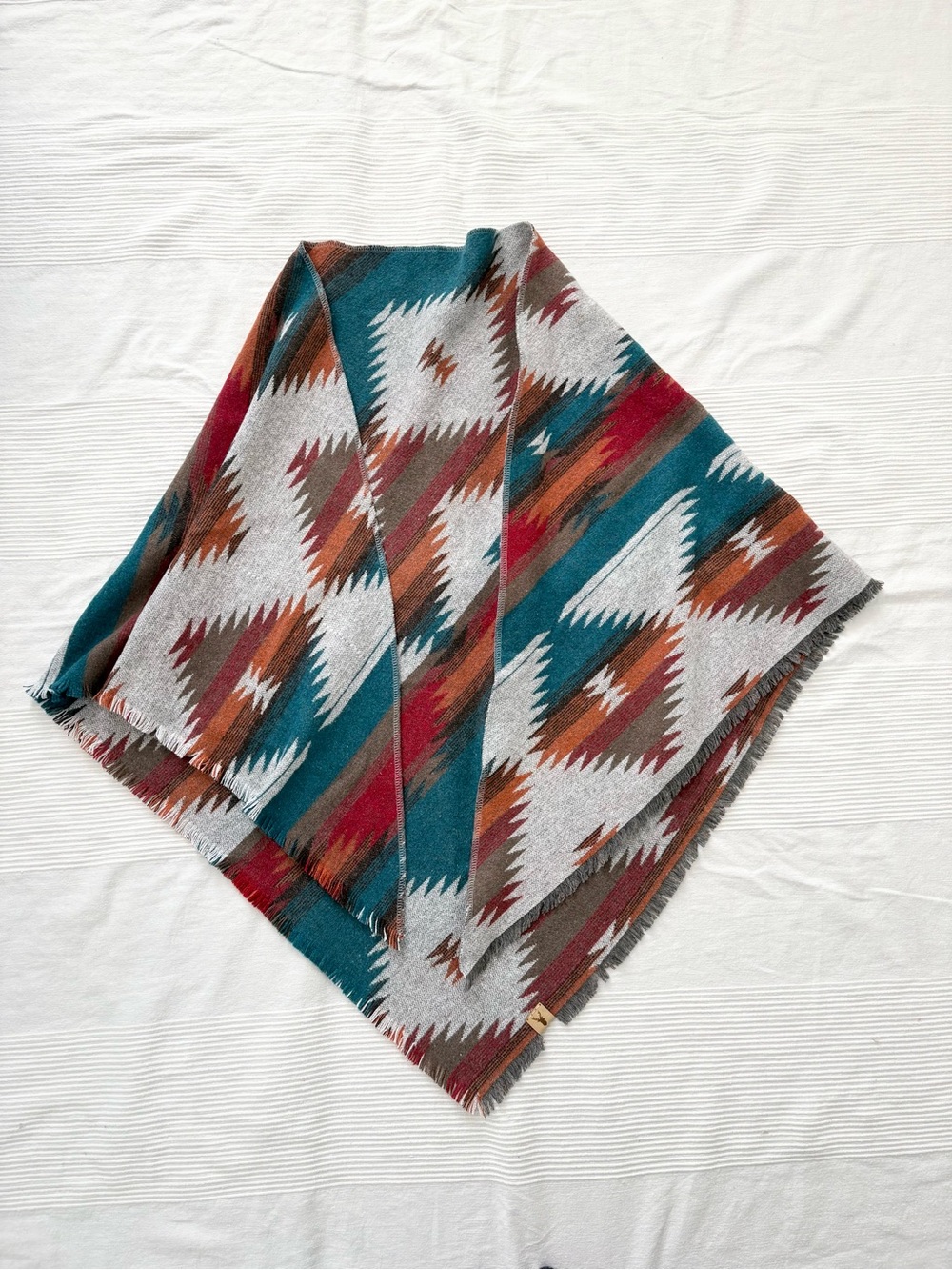 Southwestern Pattern Fringe Blanket Wrap in Teal, Rust & Cream - Picture 7 of 8